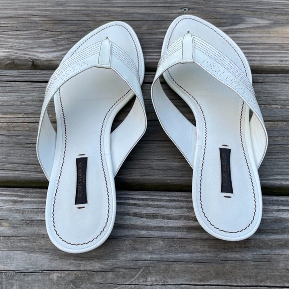 Louis Vuitton Women Sandal Shoes White Leather Thong Flat Made in Italy Size 40 - Picture 6 of 13